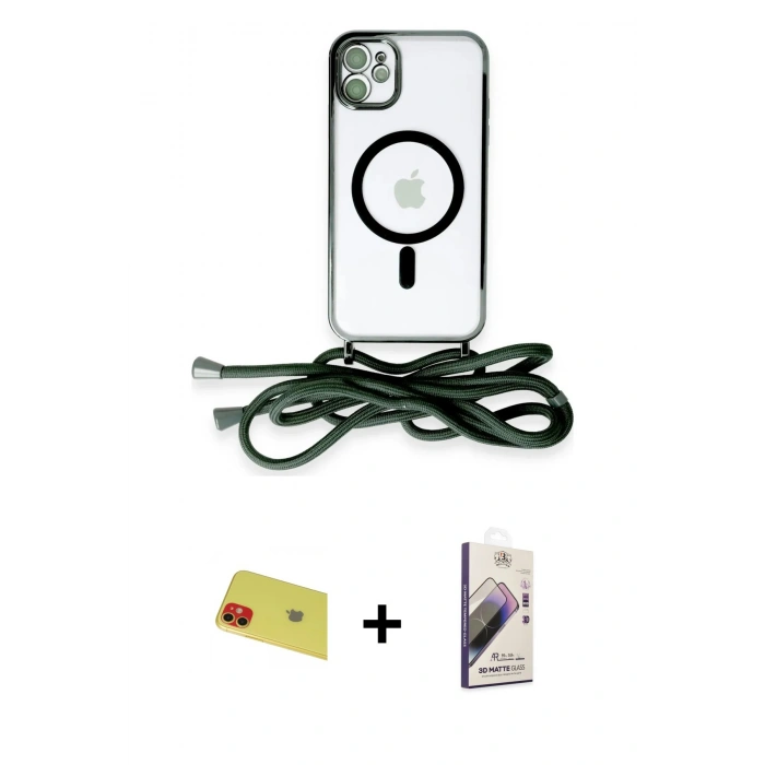 MARSİLYAN™- iPhone 11 Kılıf Eksen Özel Seri - Siyah Bilvis 3D Mat Cam Ekran Koruyucu + Kırmızı Rainbow Kamera Lens Koruma Cam