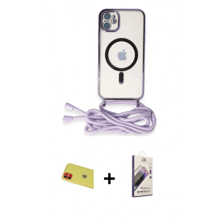 MARSİLYAN™- iPhone 11 Kılıf Eksen Özel Seri - Siyah Bilvis 3D Mat Cam Ekran Koruyucu + Kırmızı Rainbow Kamera Lens Koruma Cam