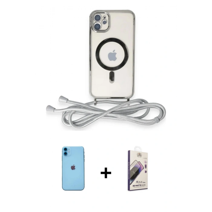 MARSİLYAN™- iPhone 11 Kılıf Eksen Özel Seri - Siyah Bilvis 3D Mat Cam Ekran Koruyucu + Neon Fosforlu Kamera Lens - MI