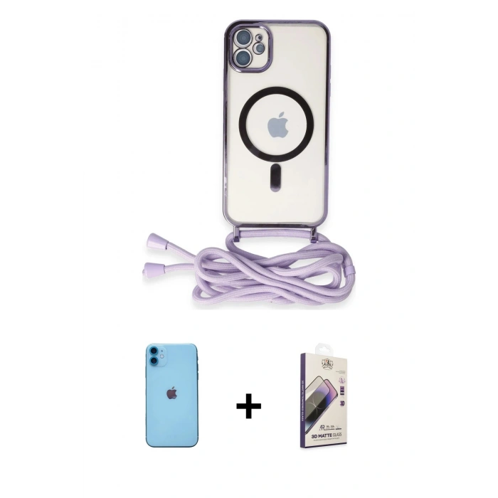 MARSİLYAN™- iPhone 11 Kılıf Eksen Özel Seri - Siyah Bilvis 3D Mat Cam Ekran Koruyucu + Neon Fosforlu Kamera Lens - MI