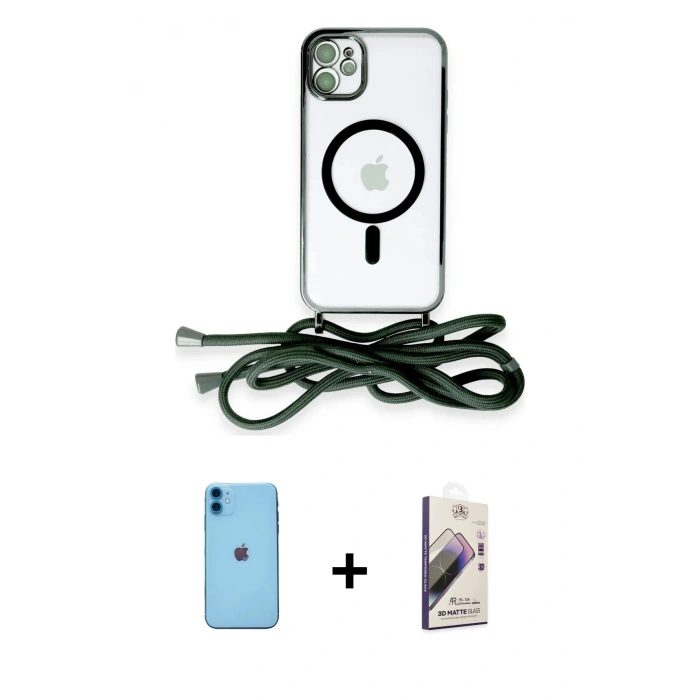 MARSİLYAN™- iPhone 11 Kılıf Eksen Özel Seri - Siyah Bilvis 3D Mat Cam Ekran Koruyucu + Neon Fosforlu Kamera Lens - MI