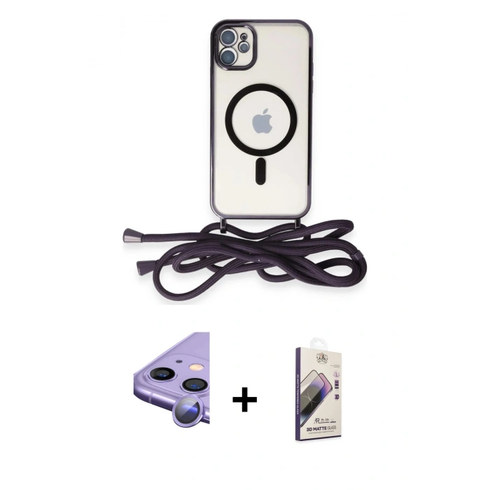 MARSİLYAN™- iPhone 11 Kılıf Eksen Özel Seri - Siyah Bilvis 3D Mat Cam Ekran Koruyucu + Raze Metal Kamera Lens - MR