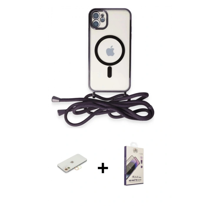 MARSİLYAN™- iPhone 11 Kılıf Eksen Özel Seri - Siyah Bilvis 3D Mat Cam Ekran Koruyucu + Renkli Kamera Lens Koruma Cam - SI