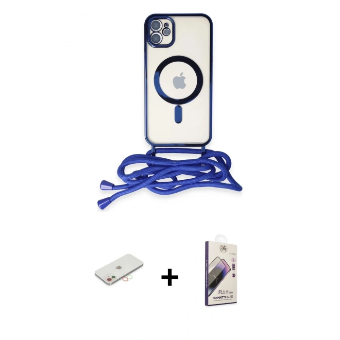 MARSİLYAN™- iPhone 11 Kılıf Eksen Özel Seri - Siyah Bilvis 3D Mat Cam Ekran Koruyucu + Renkli Kamera Lens Koruma Cam - YL