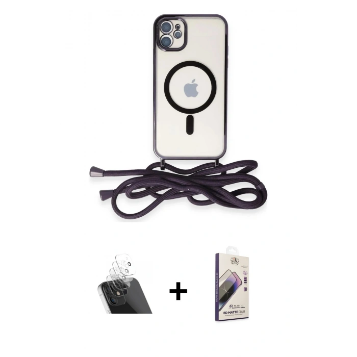 MARSİLYAN™- iPhone 11 Kılıf Eksen Özel Seri - Siyah Bilvis 3D Mat Cam Ekran Koruyucu + Şeffaf Kamera Lens Koruma Cam