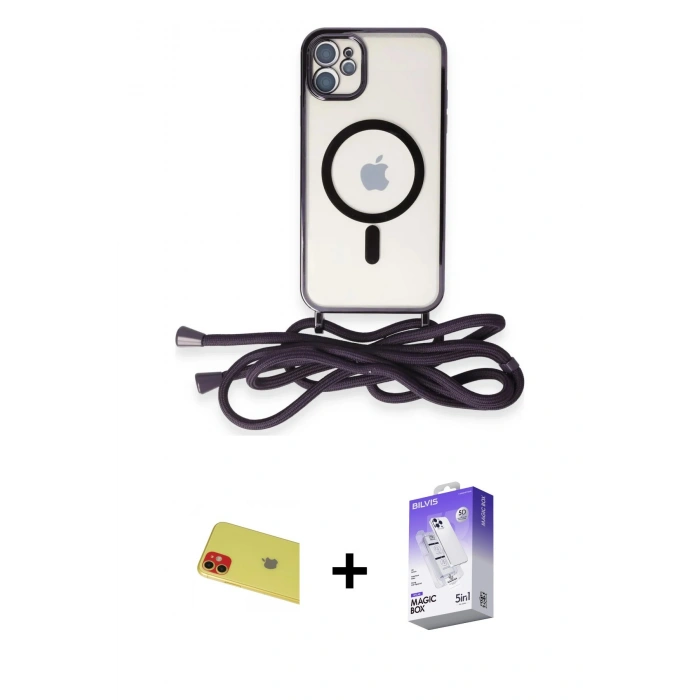 MARSİLYAN™- iPhone 11 Kılıf Eksen Özel Seri - Siyah Bilvis 5in1 3D Magic Cam Ekran Koruyucu + Rainbow Kamera Lens Koruma Cam - KI