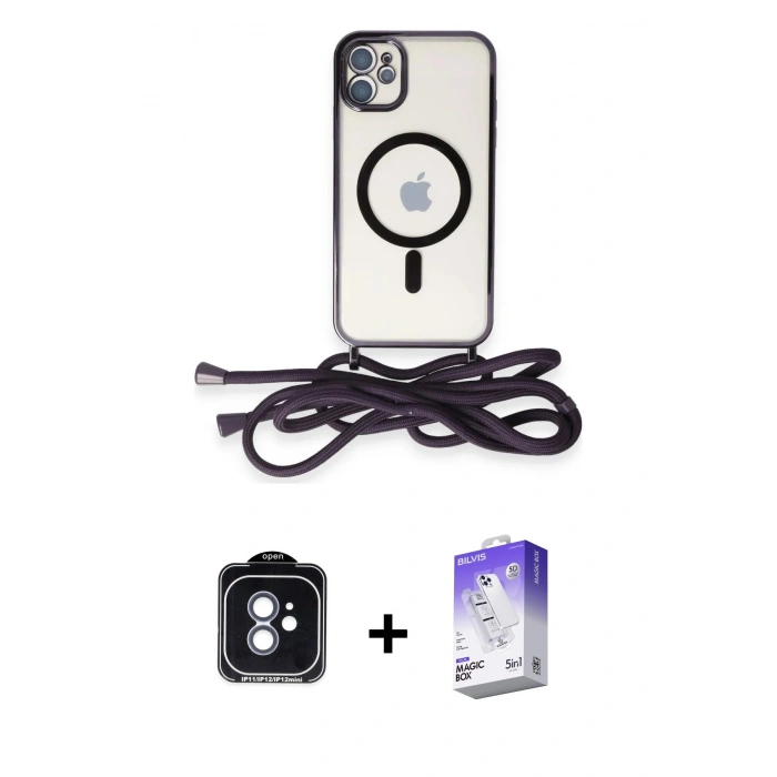 MARSİLYAN™- iPhone 11 Kılıf Eksen Özel Seri - Siyah Bilvis 5in1 3D Magic Cam Ekran Koruyucu + PVD Metal Kamera Lens - MI