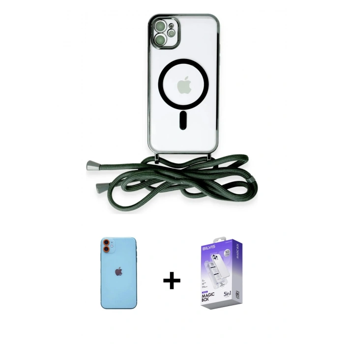 MARSİLYAN™- iPhone 11 Kılıf Eksen Özel Seri - Siyah Bilvis 5in1 3D Magic Cam Ekran Koruyucu + Neon Fosforlu Kamera Lens - TU