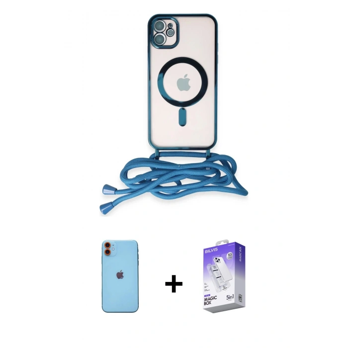 MARSİLYAN™- iPhone 11 Kılıf Eksen Özel Seri - Siyah Bilvis 5in1 3D Magic Cam Ekran Koruyucu + Neon Fosforlu Kamera Lens - TU