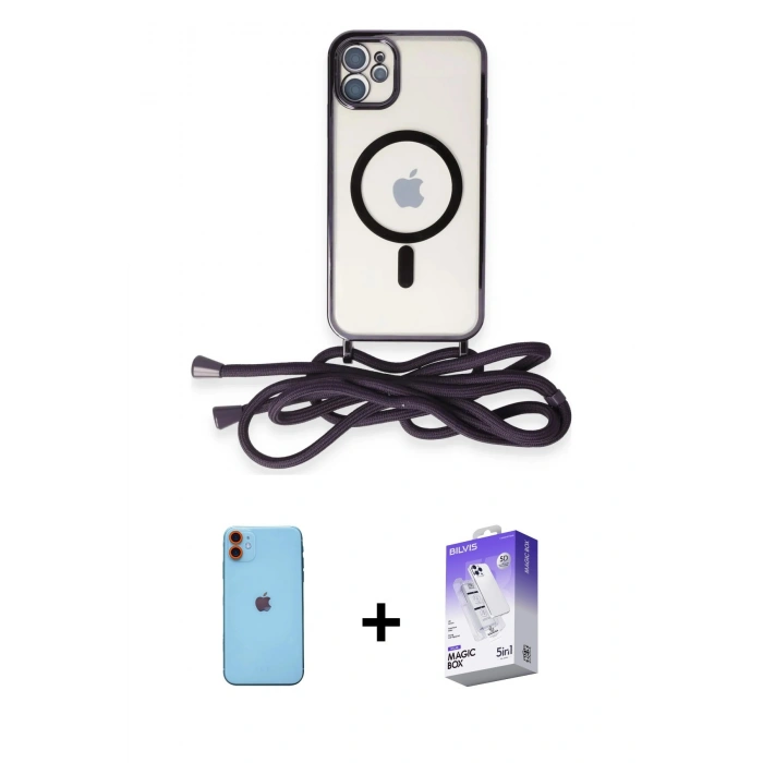 MARSİLYAN™- iPhone 11 Kılıf Eksen Özel Seri - Siyah Bilvis 5in1 3D Magic Cam Ekran Koruyucu + Neon Fosforlu Kamera Lens - TU