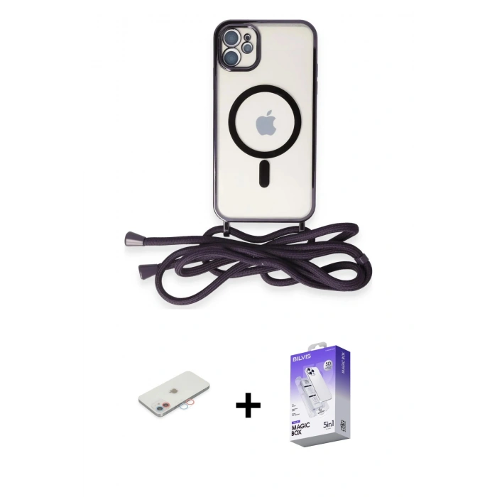 MARSİLYAN™- iPhone 11 Kılıf Eksen Özel Seri - Siyah Bilvis 5in1 3D Magic Cam Ekran Koruyucu + Pembe Renkli Kamera Lens Koruma Cam