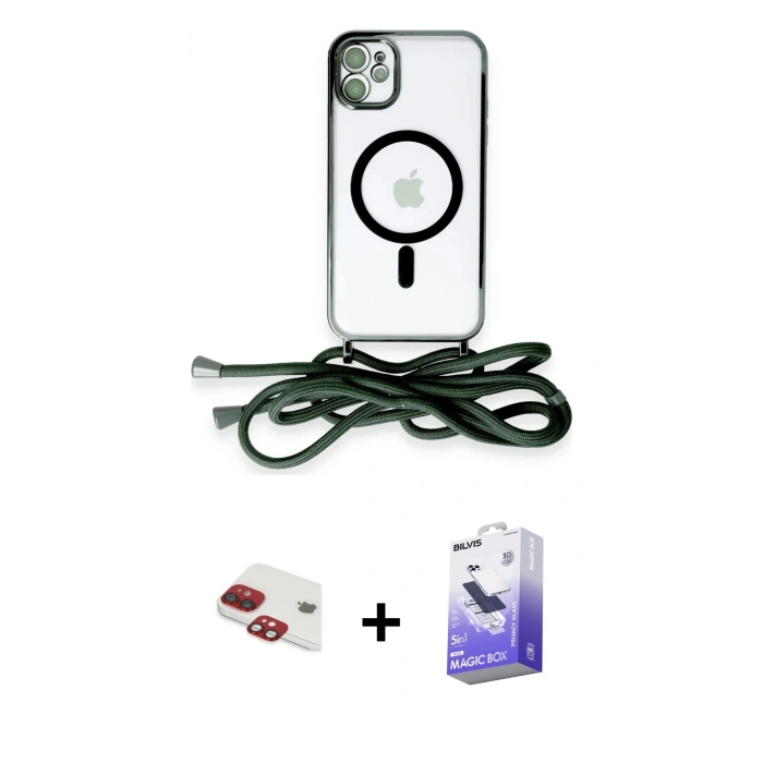 MARSİLYAN™- iPhone 11 Kılıf Eksen Özel Seri - Siyah Bilvis 5in1 5D Magic Hayalet Cam Ekran Koruyucu + Kırmızı Pers Alüminyum Kamera Lens