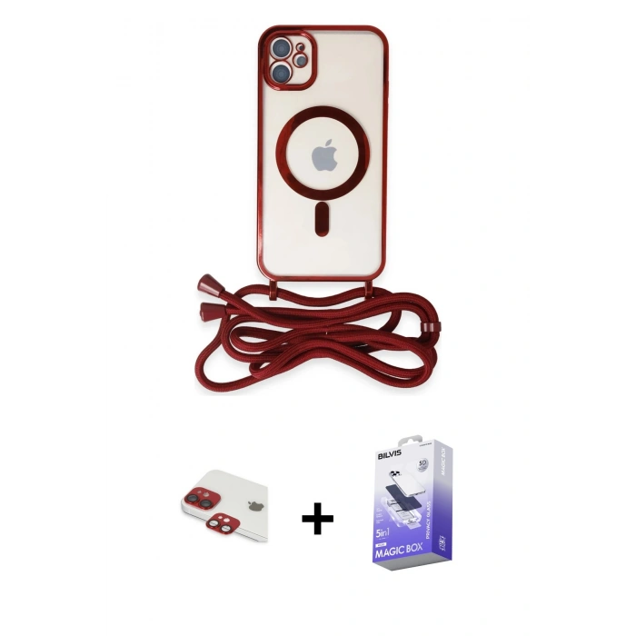 MARSİLYAN™- iPhone 11 Kılıf Eksen Özel Seri - Siyah Bilvis 5in1 5D Magic Hayalet Cam Ekran Koruyucu + Kırmızı Pers Alüminyum Kamera Lens