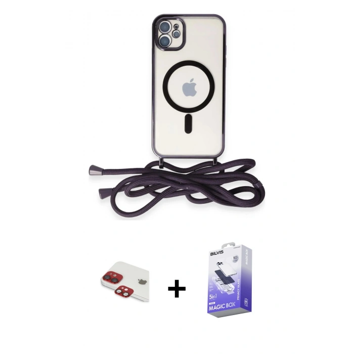 MARSİLYAN™- iPhone 11 Kılıf Eksen Özel Seri - Siyah Bilvis 5in1 5D Magic Hayalet Cam Ekran Koruyucu + Kırmızı Pers Alüminyum Kamera Lens