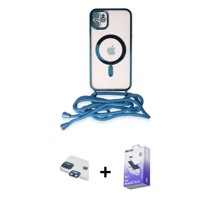 MARSİLYAN™- iPhone 11 Kılıf Eksen Özel Seri - Siyah Bilvis 5in1 5D Magic Hayalet Cam Ekran Koruyucu + Lacivert Pers Alüminyum Kamera Lens