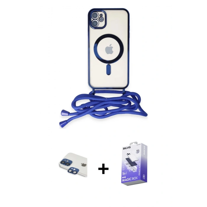 MARSİLYAN™- iPhone 11 Kılıf Eksen Özel Seri - Siyah Bilvis 5in1 5D Magic Hayalet Cam Ekran Koruyucu + Lacivert Pers Alüminyum Kamera Lens