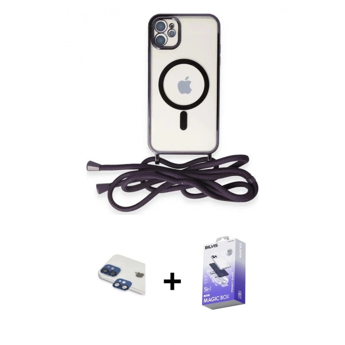MARSİLYAN™- iPhone 11 Kılıf Eksen Özel Seri - Siyah Bilvis 5in1 5D Magic Hayalet Cam Ekran Koruyucu + Lacivert Pers Alüminyum Kamera Lens