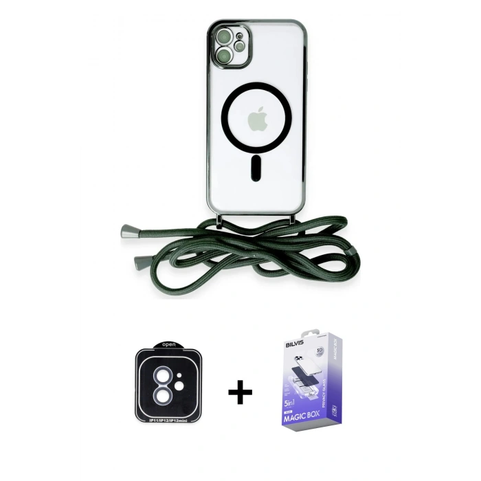MARSİLYAN™- iPhone 11 Kılıf Eksen Özel Seri - Siyah Bilvis 5in1 5D Magic Hayalet Cam Ekran Koruyucu + PVD Metal Kamera Lens - MI