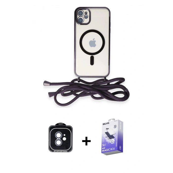 MARSİLYAN™- iPhone 11 Kılıf Eksen Özel Seri - Siyah Bilvis 5in1 5D Magic Hayalet Cam Ekran Koruyucu + PVD Metal Kamera Lens - MI