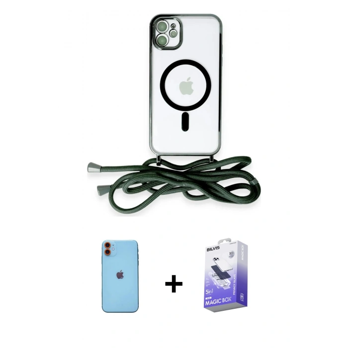 MARSİLYAN™- iPhone 11 Kılıf Eksen Özel Seri - Siyah Bilvis 5in1 5D Magic Hayalet Cam Ekran Koruyucu + Neon Fosforlu Kamera Lens - TU