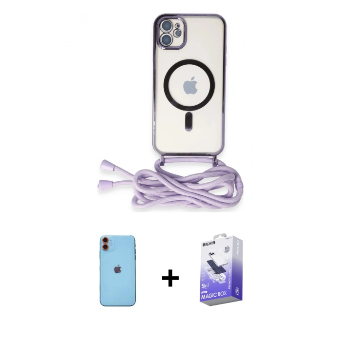 MARSİLYAN™- iPhone 11 Kılıf Eksen Özel Seri - Siyah Bilvis 5in1 5D Magic Hayalet Cam Ekran Koruyucu + Neon Fosforlu Kamera Lens - TU
