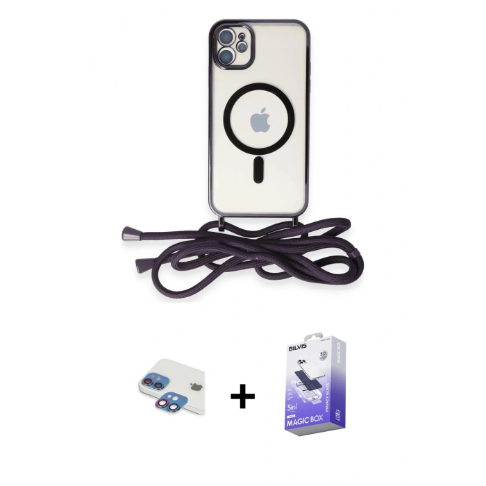 MARSİLYAN™- iPhone 11 Kılıf Eksen Özel Seri - Siyah Bilvis 5in1 5D Magic Hayalet Cam Ekran Koruyucu + Pers Alüminyum Kamera Lens - GI