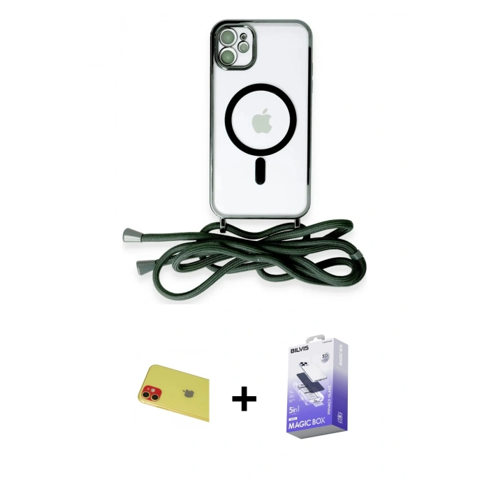 MARSİLYAN™- iPhone 11 Kılıf Eksen Özel Seri - Siyah Bilvis 5in1 5D Magic Hayalet Cam Ekran Koruyucu + Rainbow Kamera Lens Koruma Cam - KI