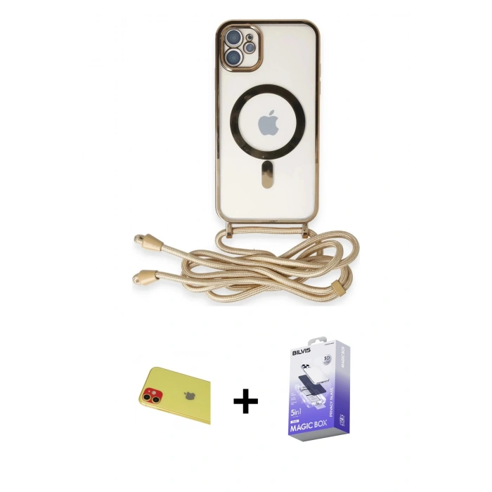 MARSİLYAN™- iPhone 11 Kılıf Eksen Özel Seri - Siyah Bilvis 5in1 5D Magic Hayalet Cam Ekran Koruyucu + Rainbow Kamera Lens Koruma Cam - KI