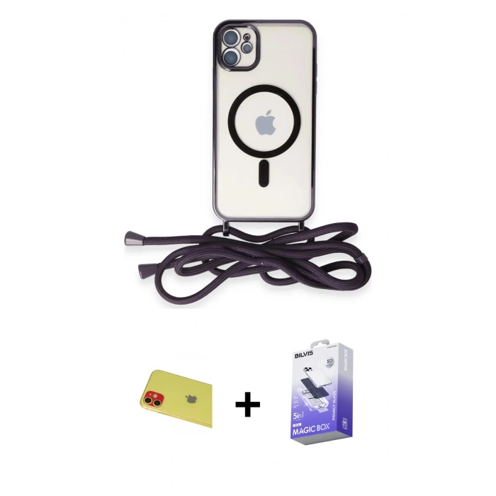 MARSİLYAN™- iPhone 11 Kılıf Eksen Özel Seri - Siyah Bilvis 5in1 5D Magic Hayalet Cam Ekran Koruyucu + Rainbow Kamera Lens Koruma Cam - KI
