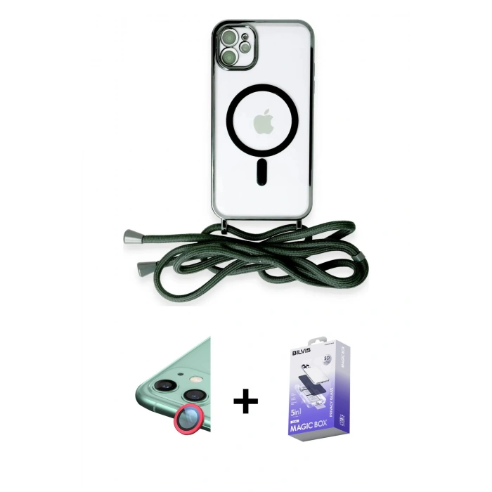 MARSİLYAN™- iPhone 11 Kılıf Eksen Özel Seri - Siyah Bilvis 5in1 5D Magic Hayalet Cam Ekran Koruyucu + Raze Metal Kamera Lens - KI