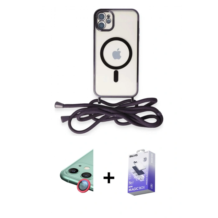 MARSİLYAN™- iPhone 11 Kılıf Eksen Özel Seri - Siyah Bilvis 5in1 5D Magic Hayalet Cam Ekran Koruyucu + Raze Metal Kamera Lens - KI