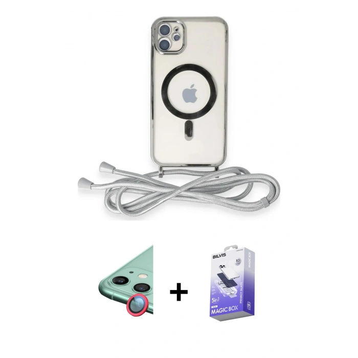 MARSİLYAN™- iPhone 11 Kılıf Eksen Özel Seri - Siyah Bilvis 5in1 5D Magic Hayalet Cam Ekran Koruyucu + Raze Metal Kamera Lens - KI