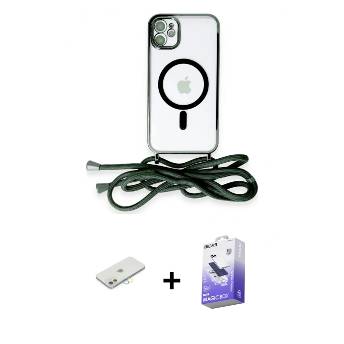 MARSİLYAN™- iPhone 11 Kılıf Eksen Özel Seri - Siyah Bilvis 5in1 5D Magic Hayalet Cam Ekran Koruyucu + Renkli Kamera Lens Koruma Cam - SI