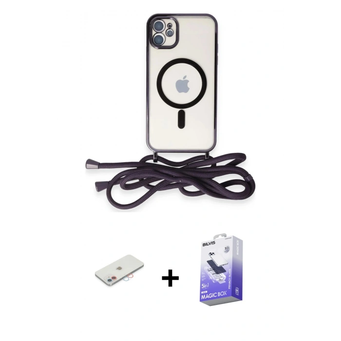 MARSİLYAN™- iPhone 11 Kılıf Eksen Özel Seri - Siyah Bilvis 5in1 5D Magic Hayalet Cam Ekran Koruyucu + Renkli Kamera Lens Koruma Cam - PE