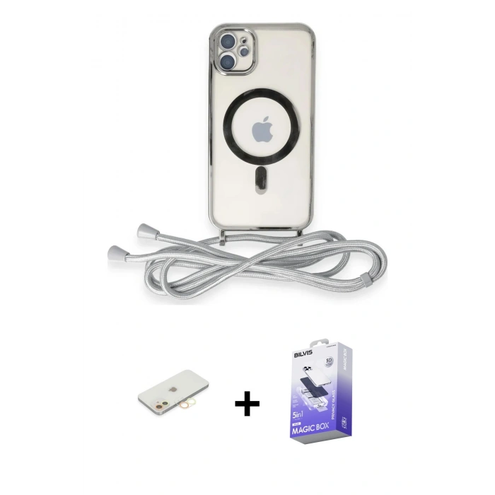 MARSİLYAN™- iPhone 11 Kılıf Eksen Özel Seri - Siyah Bilvis 5in1 5D Magic Hayalet Cam Ekran Koruyucu + Sarı Renkli Kamera Lens Koruma Cam