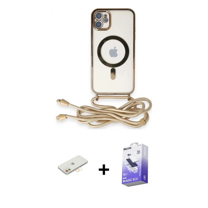 MARSİLYAN™- iPhone 11 Kılıf Eksen Özel Seri - Siyah Bilvis 5in1 5D Magic Hayalet Cam Ekran Koruyucu + Sarı Renkli Kamera Lens Koruma Cam