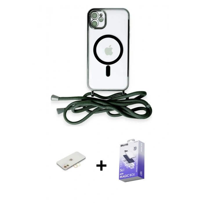 MARSİLYAN™- iPhone 11 Kılıf Eksen Özel Seri - Siyah Bilvis 5in1 5D Magic Hayalet Cam Ekran Koruyucu + Sarı Renkli Kamera Lens Koruma Cam