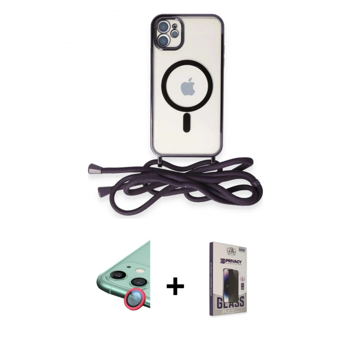 MARSİLYAN™- iPhone 11 Kılıf Eksen Özel Seri - Siyah Bilvis Hayalet Cam Ekran Koruyucu + Raze Metal Kamera Lens - KI