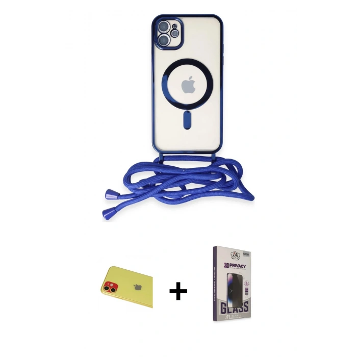 MARSİLYAN™- iPhone 11 Kılıf Eksen Özel Seri - Siyah Bilvis Hayalet Cam Ekran Koruyucu + Rainbow Kamera Lens Koruma Cam - KI