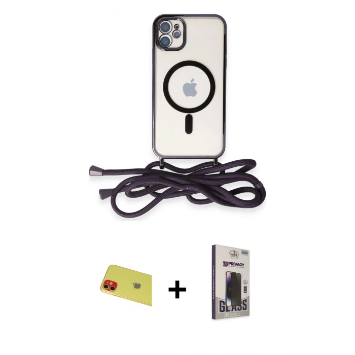 MARSİLYAN™- iPhone 11 Kılıf Eksen Özel Seri - Siyah Bilvis Hayalet Cam Ekran Koruyucu + Rainbow Kamera Lens Koruma Cam - KI