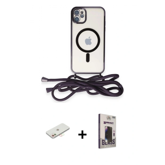 MARSİLYAN™- iPhone 11 Kılıf Eksen Özel Seri - Siyah Bilvis Hayalet Cam Ekran Koruyucu + Renkli Kamera Lens Koruma Cam - YL