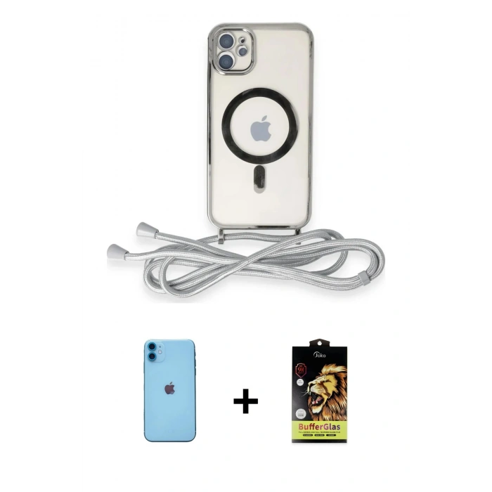 MARSİLYAN™- iPhone 11 Kılıf Eksen Özel Seri - Siyah Buffer Cam Ekran Koruyucu + Mavi Neon Fosforlu Kamera Lens
