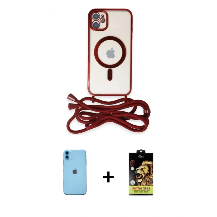 MARSİLYAN™- iPhone 11 Kılıf Eksen Özel Seri - Siyah Buffer Cam Ekran Koruyucu + Mavi Neon Fosforlu Kamera Lens