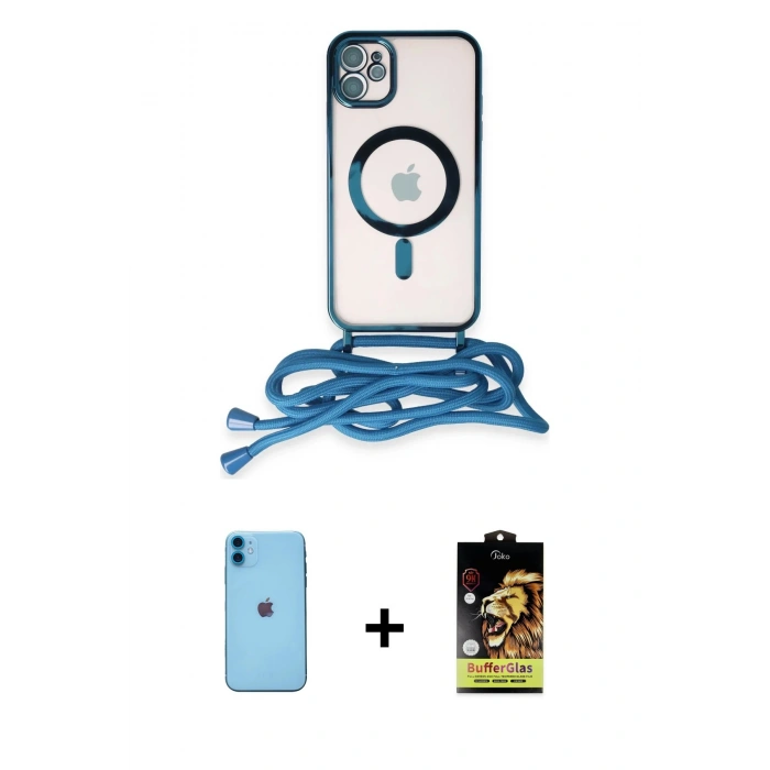 MARSİLYAN™- iPhone 11 Kılıf Eksen Özel Seri - Siyah Buffer Cam Ekran Koruyucu + Mavi Neon Fosforlu Kamera Lens