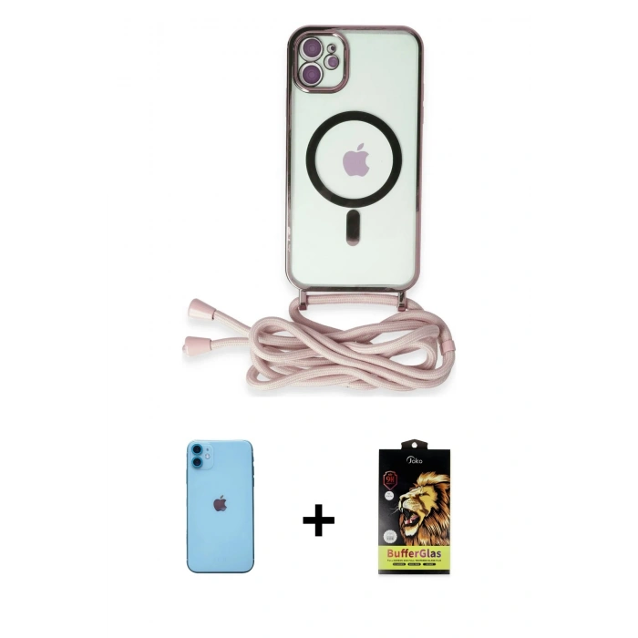 MARSİLYAN™- iPhone 11 Kılıf Eksen Özel Seri - Siyah Buffer Cam Ekran Koruyucu + Mavi Neon Fosforlu Kamera Lens
