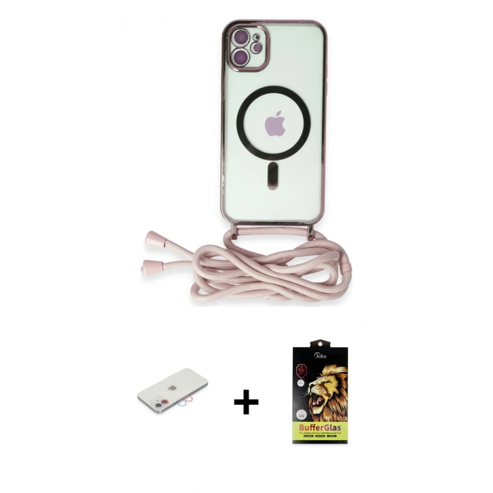 MARSİLYAN™- iPhone 11 Kılıf Eksen Özel Seri - Siyah Buffer Cam Ekran Koruyucu + Pembe Renkli Kamera Lens Koruma Cam