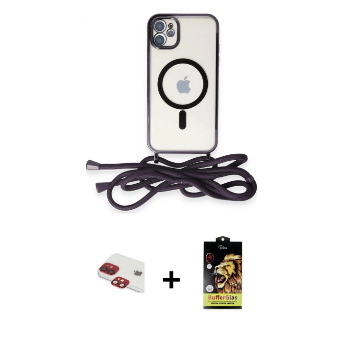 MARSİLYAN™- iPhone 11 Kılıf Eksen Özel Seri - Siyah Buffer Cam Ekran Koruyucu + Pers Alüminyum Kamera Lens - KI