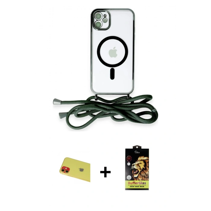 MARSİLYAN™- iPhone 11 Kılıf Eksen Özel Seri - Siyah Buffer Cam Ekran Koruyucu + Rainbow Kamera Lens Koruma Cam - KI