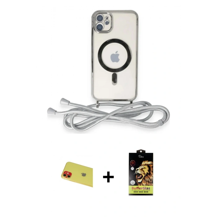 MARSİLYAN™- iPhone 11 Kılıf Eksen Özel Seri - Siyah Buffer Cam Ekran Koruyucu + Rainbow Kamera Lens Koruma Cam - KI