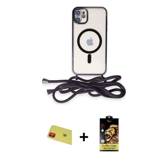 MARSİLYAN™- iPhone 11 Kılıf Eksen Özel Seri - Siyah Buffer Cam Ekran Koruyucu + Rainbow Kamera Lens Koruma Cam - KI